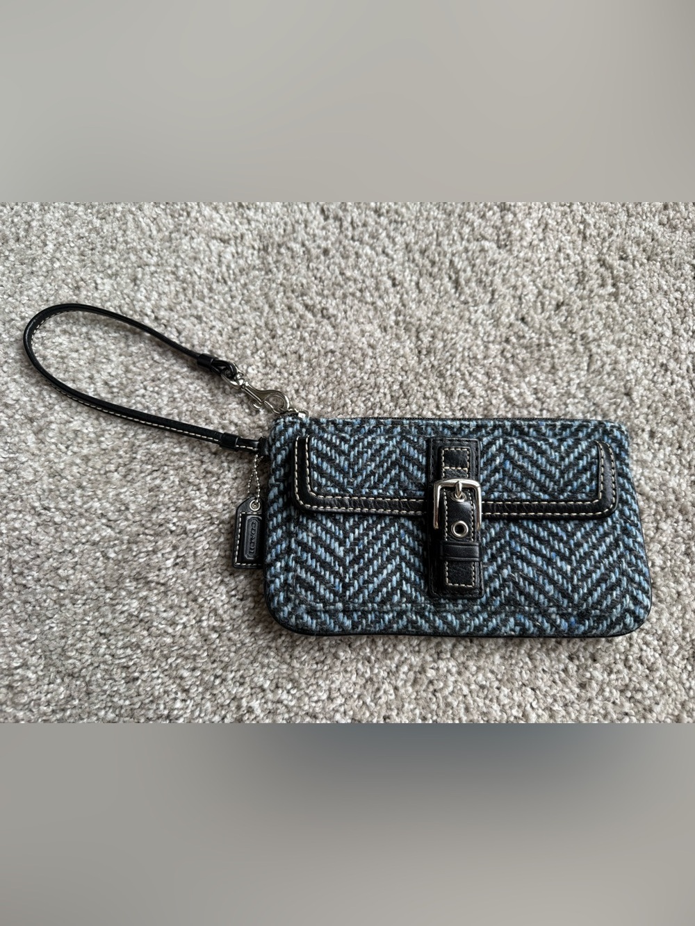 Coach Blue Herringbone Wristlet with Black Leather Accents